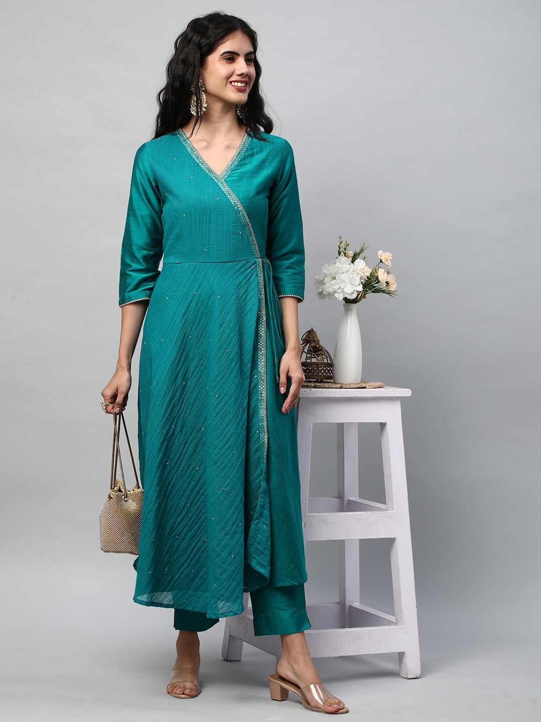 Party Edit - Silk blend kurta with embroidered lace and tassels detail