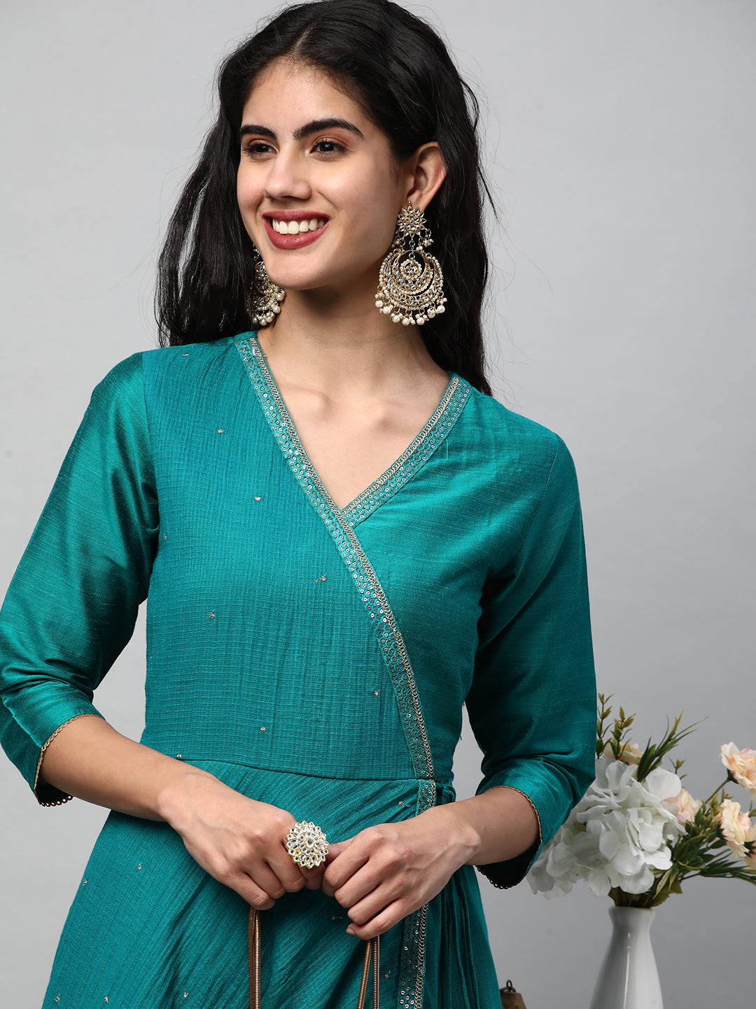 Party Edit - Silk blend kurta with embroidered lace and tassels detail