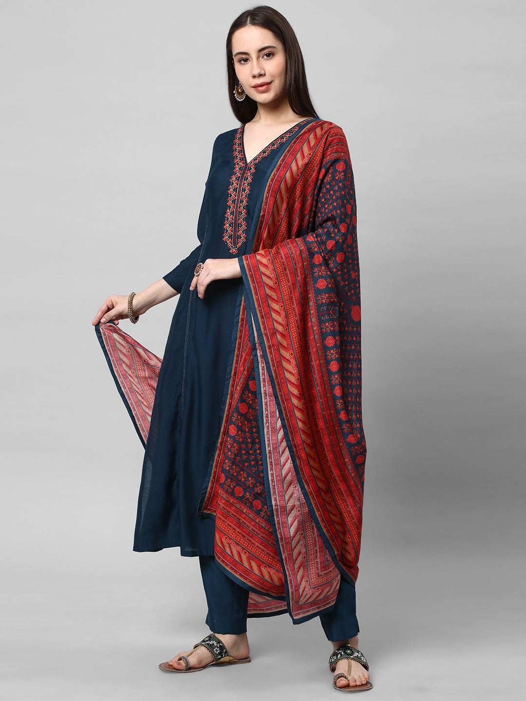 Party Edit- A machine embroidered kurta with self bottom paired with printed dupatta