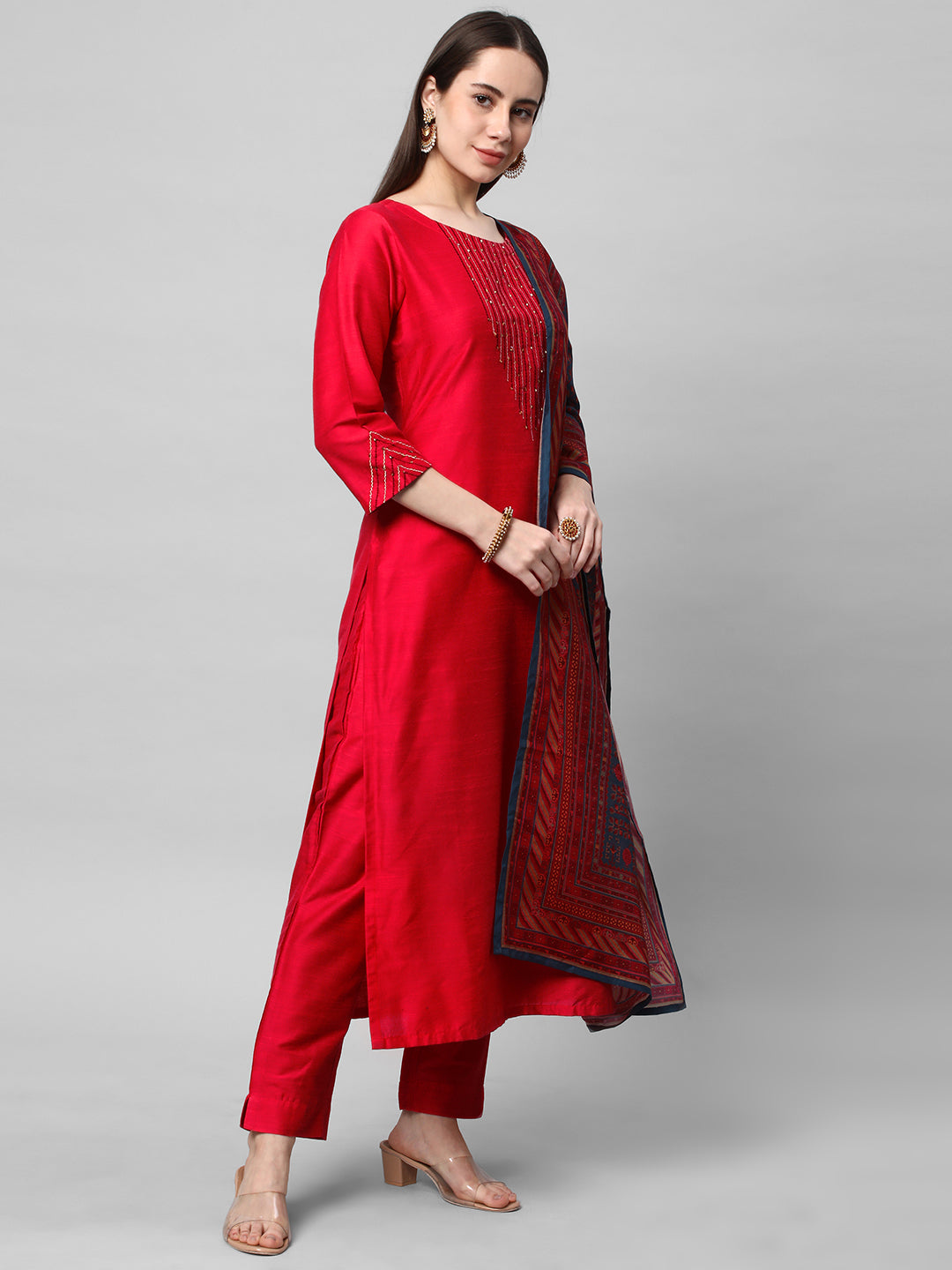 Party Edit- A straight stitched kurta suit set with machine embroidery and digital printed dupatta