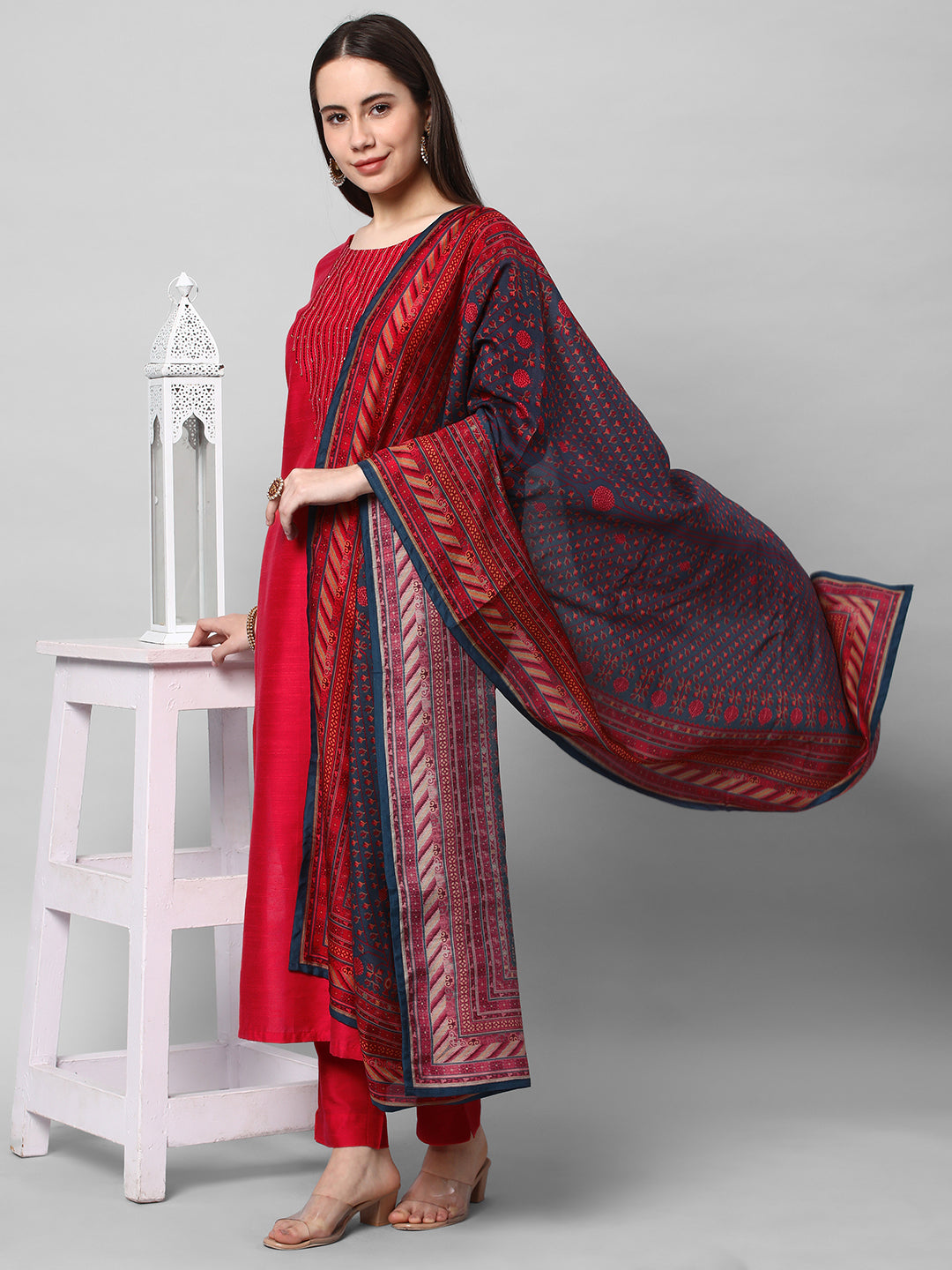 Party Edit- A straight stitched kurta suit set with machine embroidery and digital printed dupatta