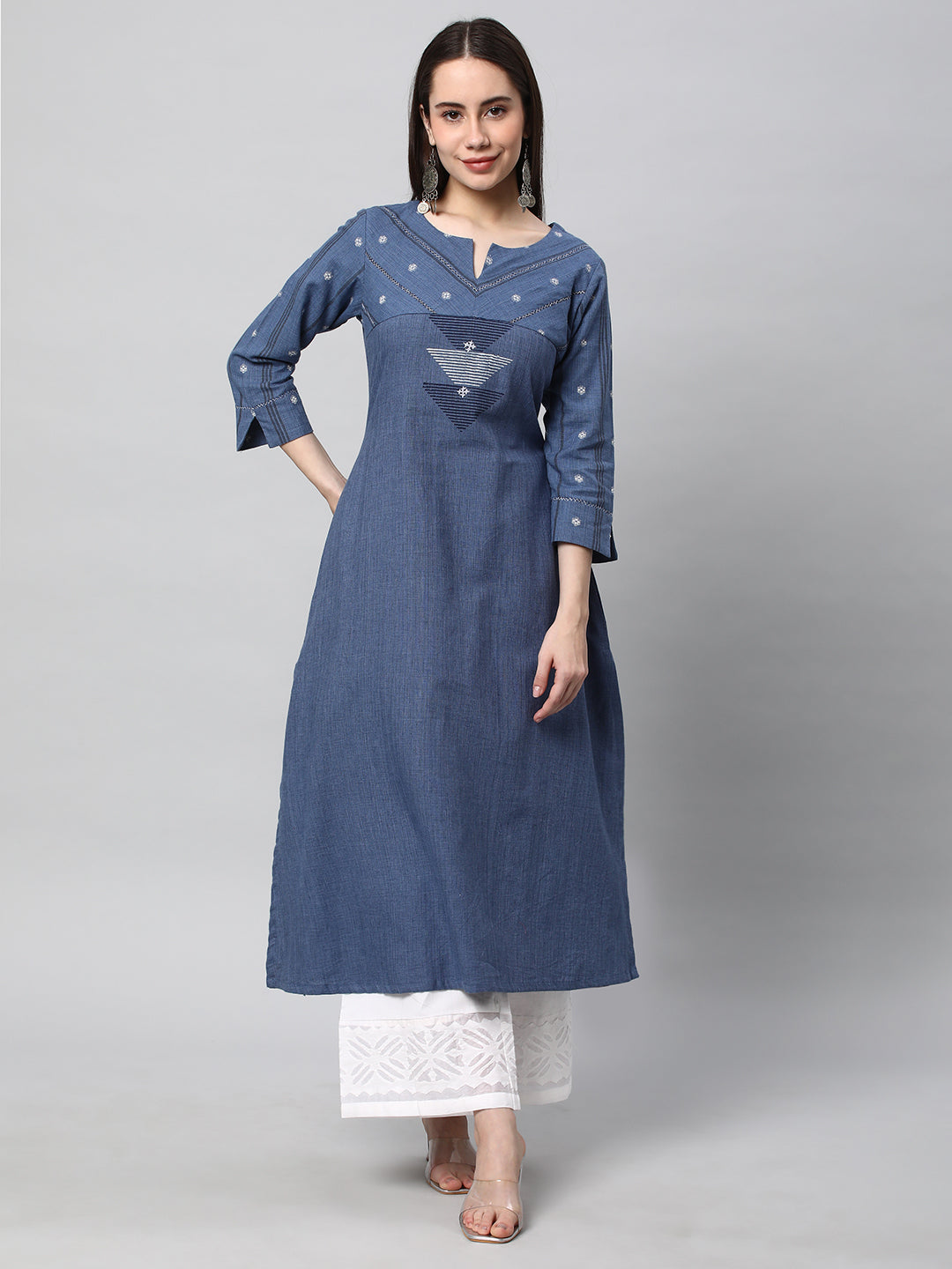 Leher - A line cotton kurta with a woven trim and hand embroidery