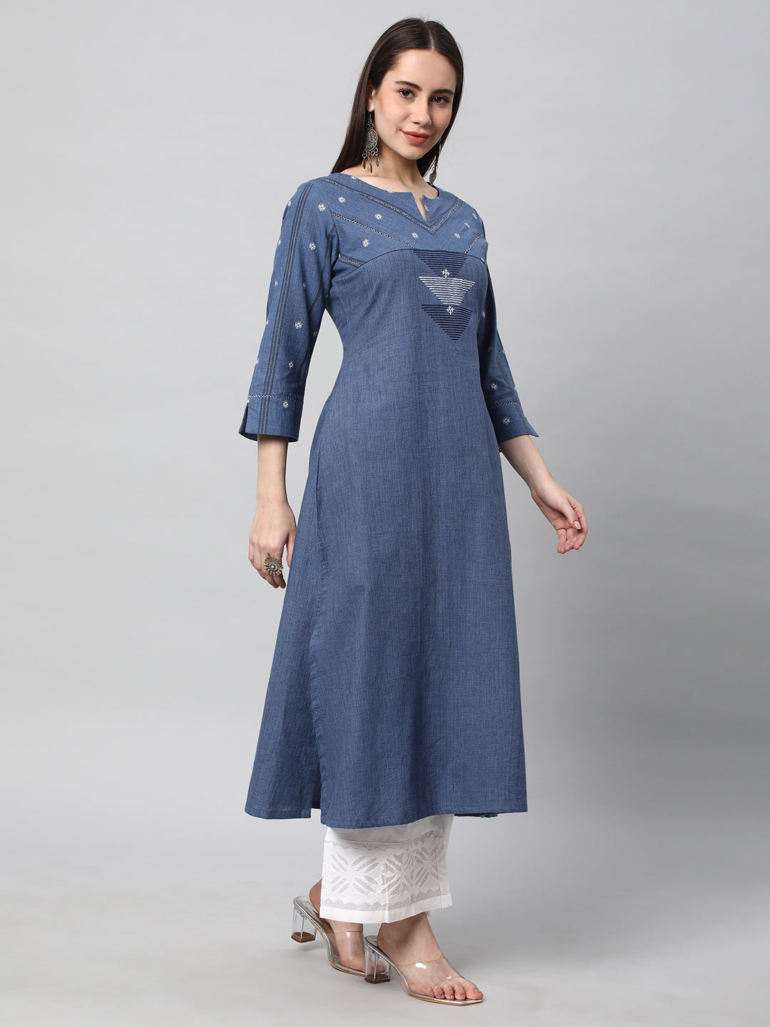Leher - A line cotton kurta with a woven trim and hand embroidery