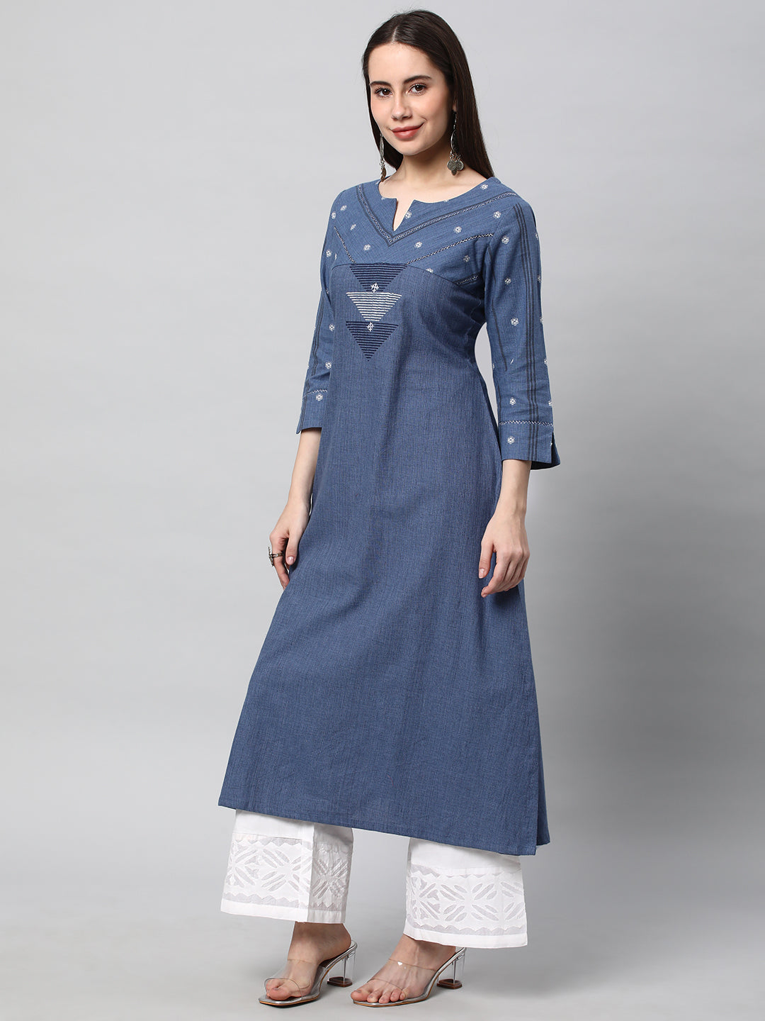 Leher - A line cotton kurta with a woven trim and hand embroidery
