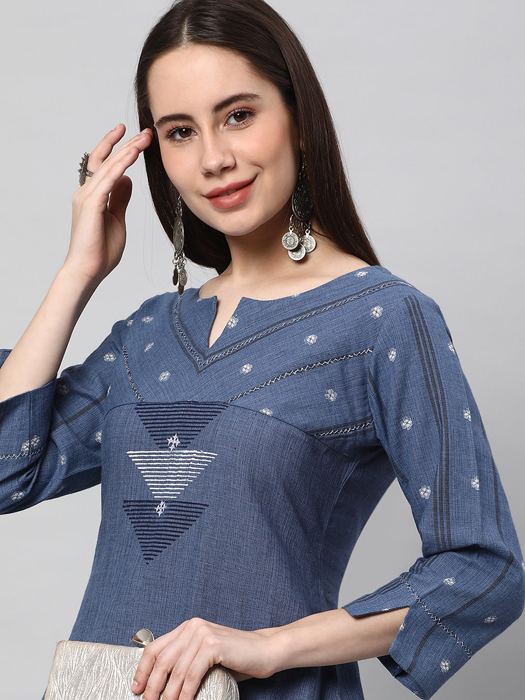 Leher - A line cotton kurta with a woven trim and hand embroidery