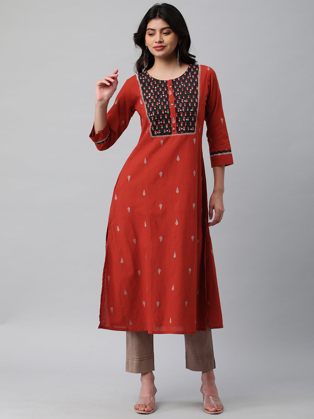 Leher - A line dobby kurta with a printed yoke highlighted with embroidery