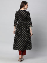 Printed cotton kurta with gathering and hand embroidery