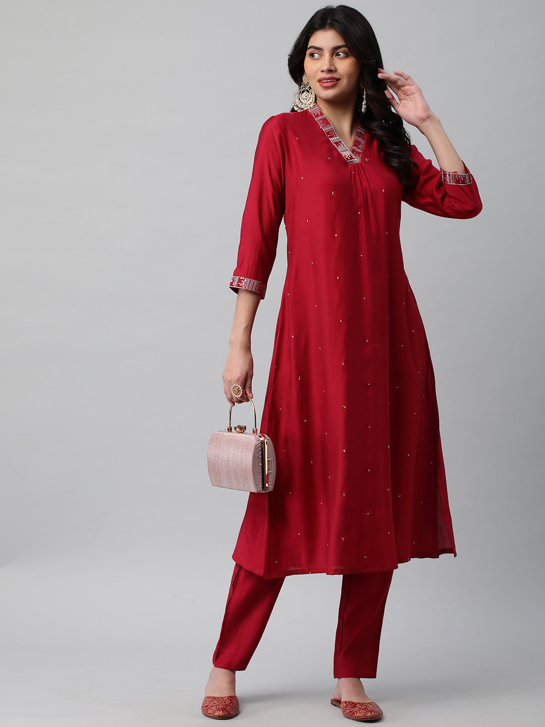 Party Edit- Embroidered A line kurta with gathering & sequins detail