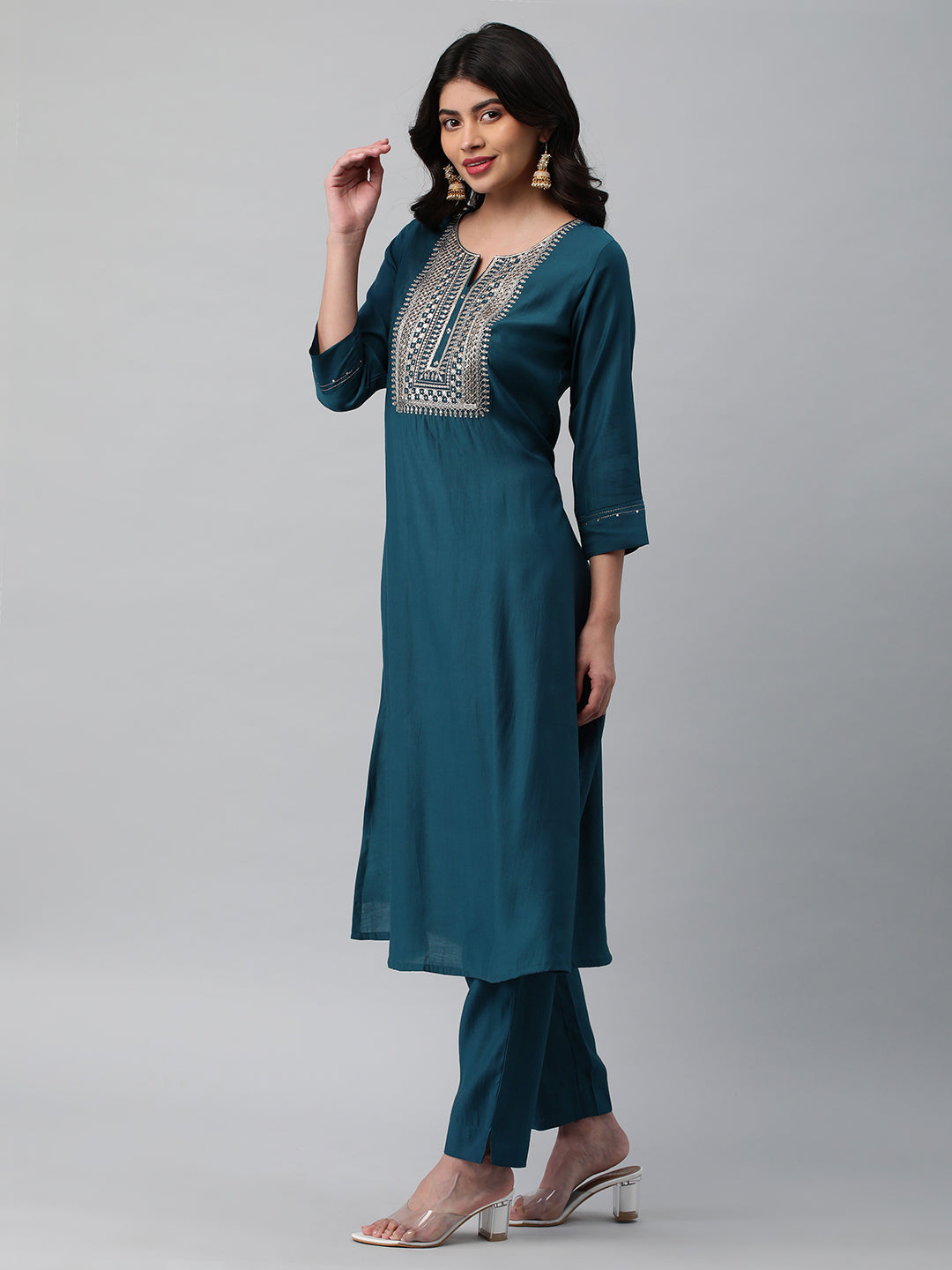 Party Edit- A line kurta in silk blend fabric with zari and sequin detailing