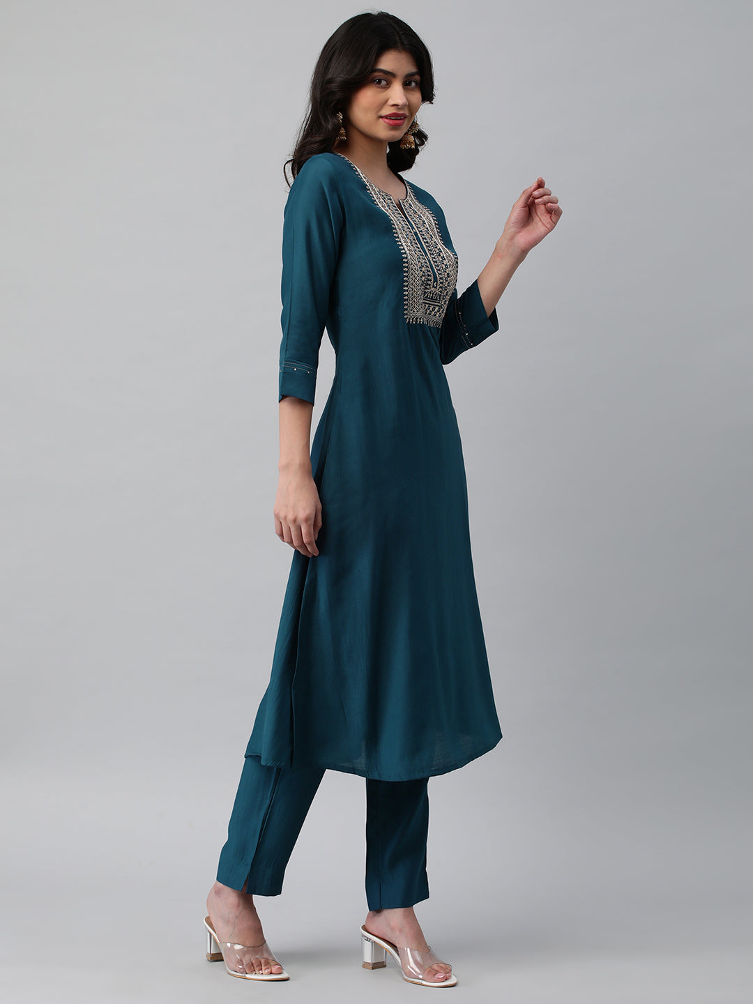 Party Edit- A line kurta in silk blend fabric with zari and sequin detailing