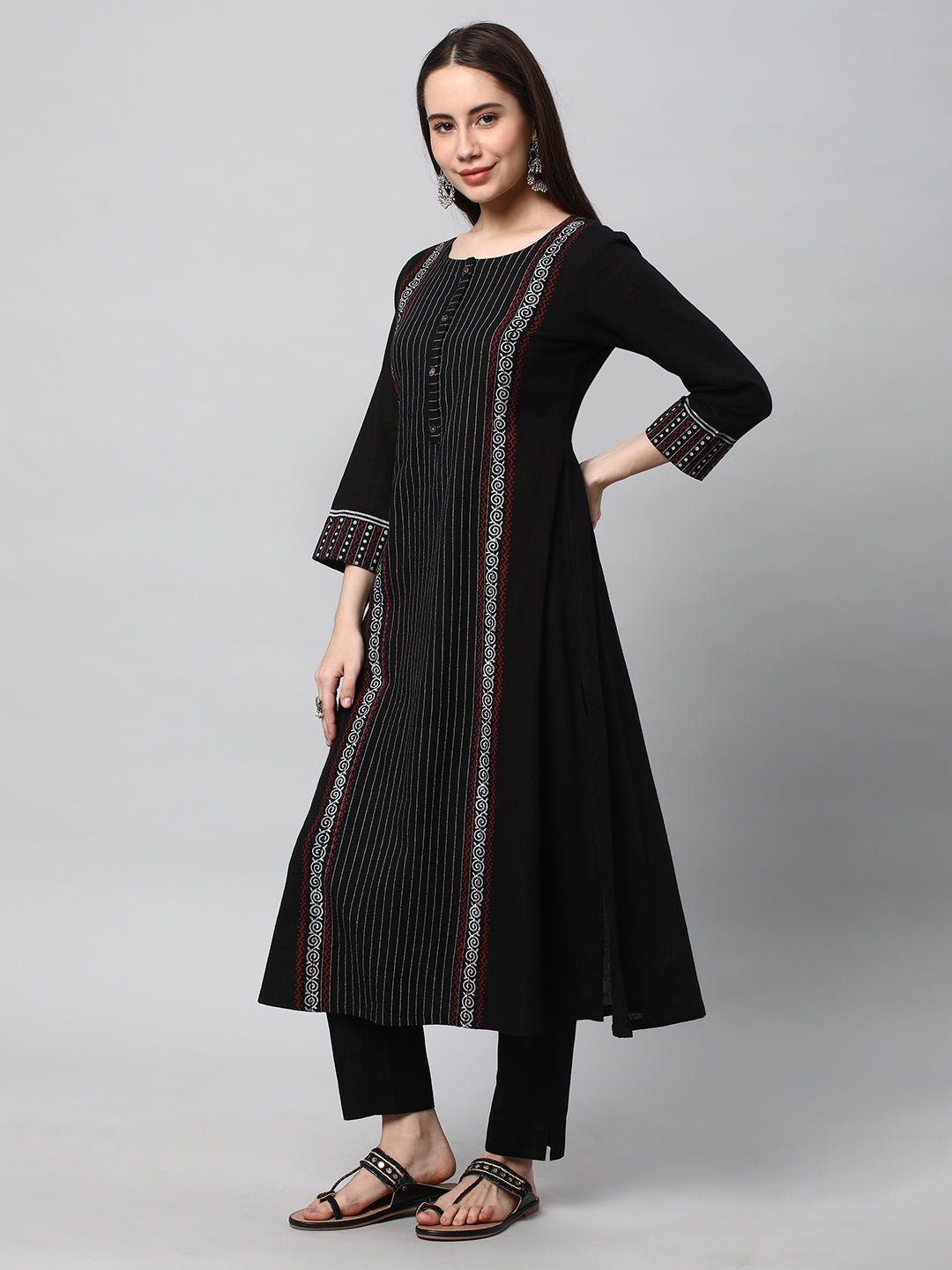 Leher - A line cotton kurta with a striped center panel with hand block print detailing