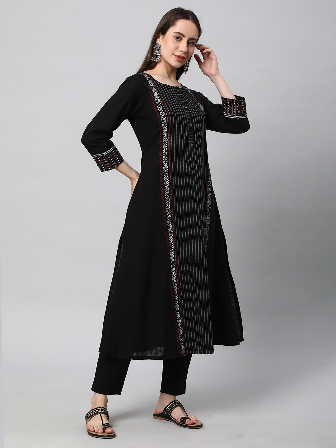 Leher - A line cotton kurta with a striped center panel with hand block print detailing