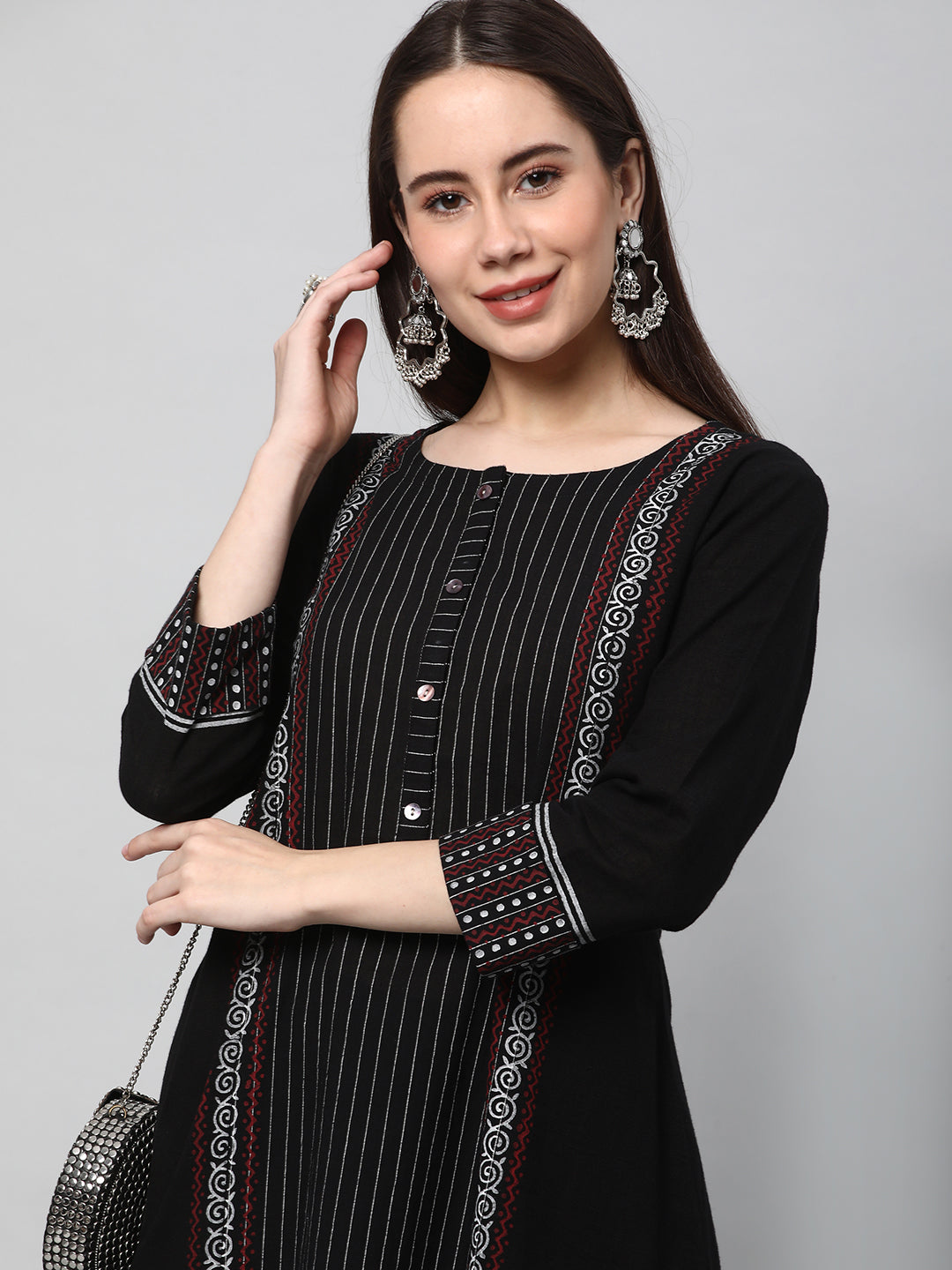 Leher - A line cotton kurta with a striped center panel with hand block print detailing