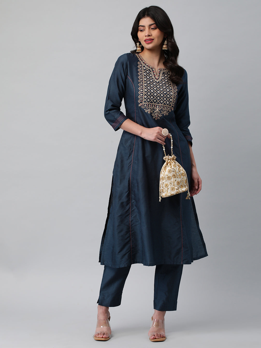 Party Edit- A line kurta with beautiful zari and resham embroidery