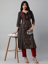 Straight paneled kurta with bloc print & sequin handwork