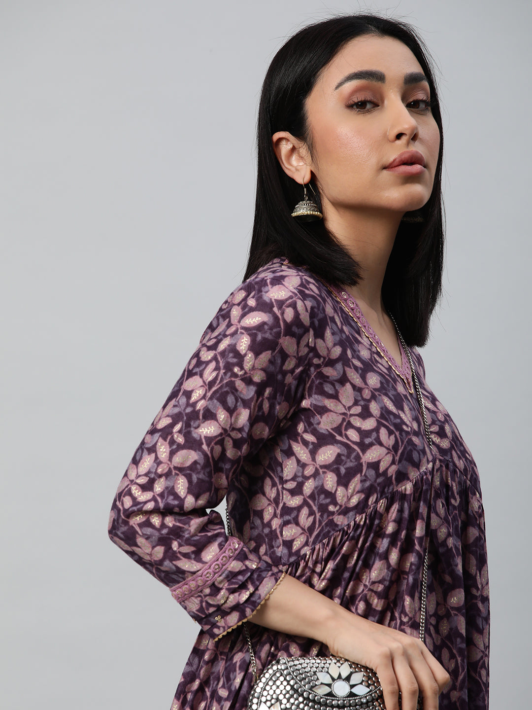 Party Edit- V-neck kurta with gathers at empire line along with the lace detail