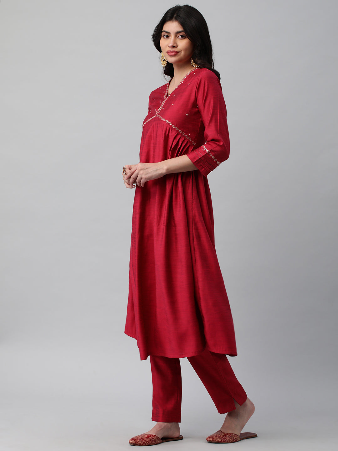 Party Edit- A Flared kurta with mock placket and machine embroidery