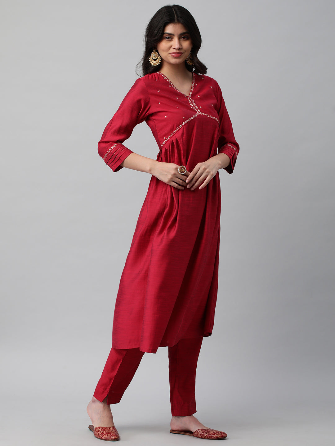 Party Edit- A Flared kurta with mock placket and machine embroidery