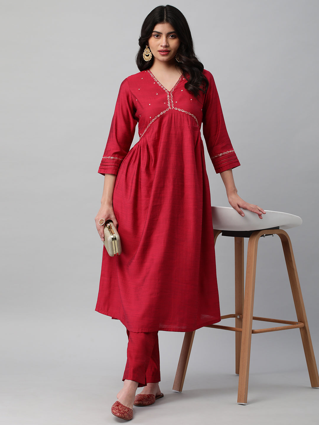 Party Edit- A Flared kurta with mock placket and machine embroidery