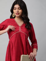 Party Edit- A Flared kurta with mock placket and machine embroidery