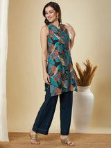 Party Edit-Sleeveless printed co-Ord set with scallop neckline and solid piping with palazzo