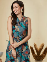 Party Edit-Sleeveless printed co-Ord set with scallop neckline and solid piping with palazzo