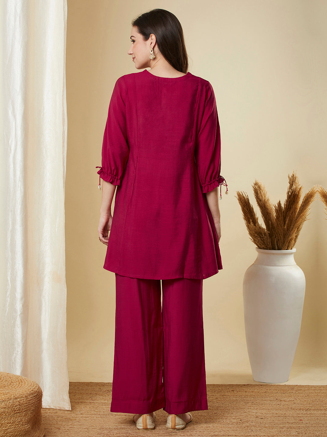 Party Edit- Panelled co-Ord set with cutwork embroidered mock paired with palazzo