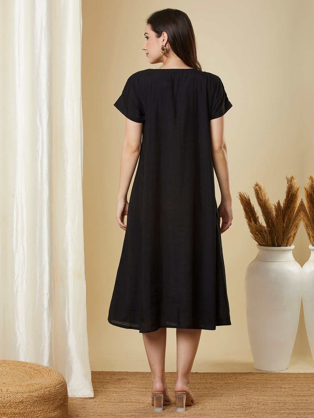 Party Edit- Embroidered A line dress with double pockets and extended sleeves