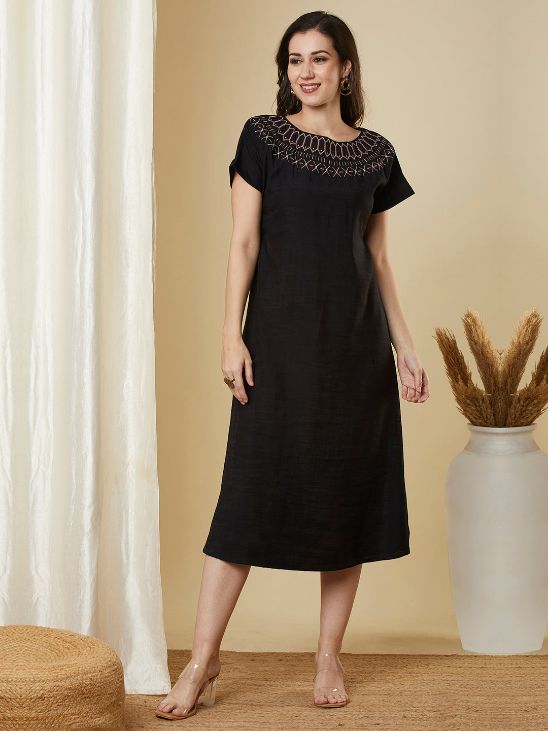 Party Edit- Embroidered A line dress with double pockets and extended sleeves