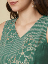 Party Edit- A-line high low sleeveless dress with embroidered yoke and tie-up waist