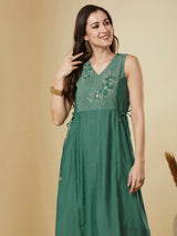 Party Edit- A-line high low sleeveless dress with embroidered yoke and tie-up waist