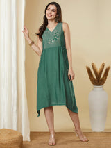Party Edit- A-line high low sleeveless dress with embroidered yoke and tie-up waist
