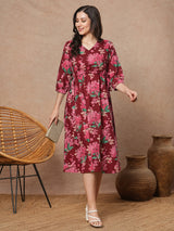 Waist tie-up dress with V-neck and elasticated gathered sleeves