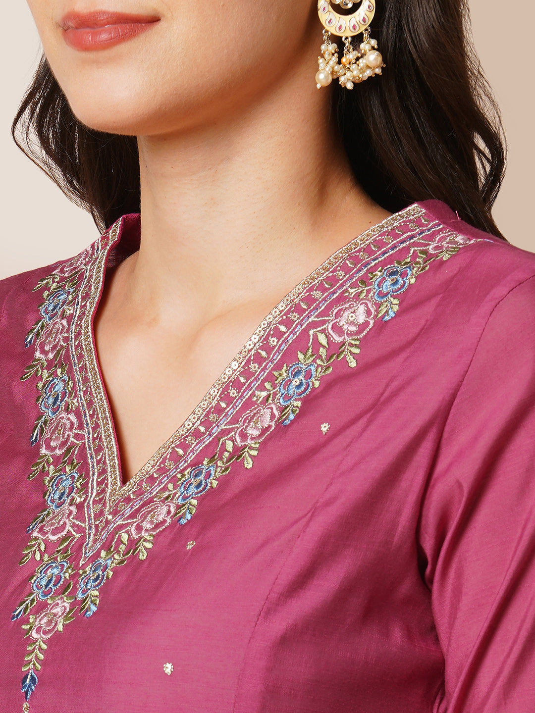 Party Edit- A-line kurta in silk blend fabric with embroidery detailing paired with lined silk blend pants and shaded tissue dupatta