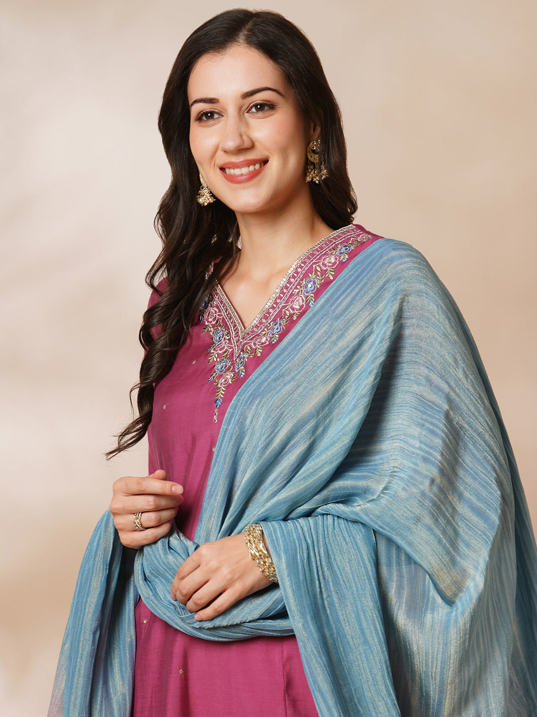 Party Edit- A-line kurta in silk blend fabric with embroidery detailing paired with lined silk blend pants and shaded tissue dupatta