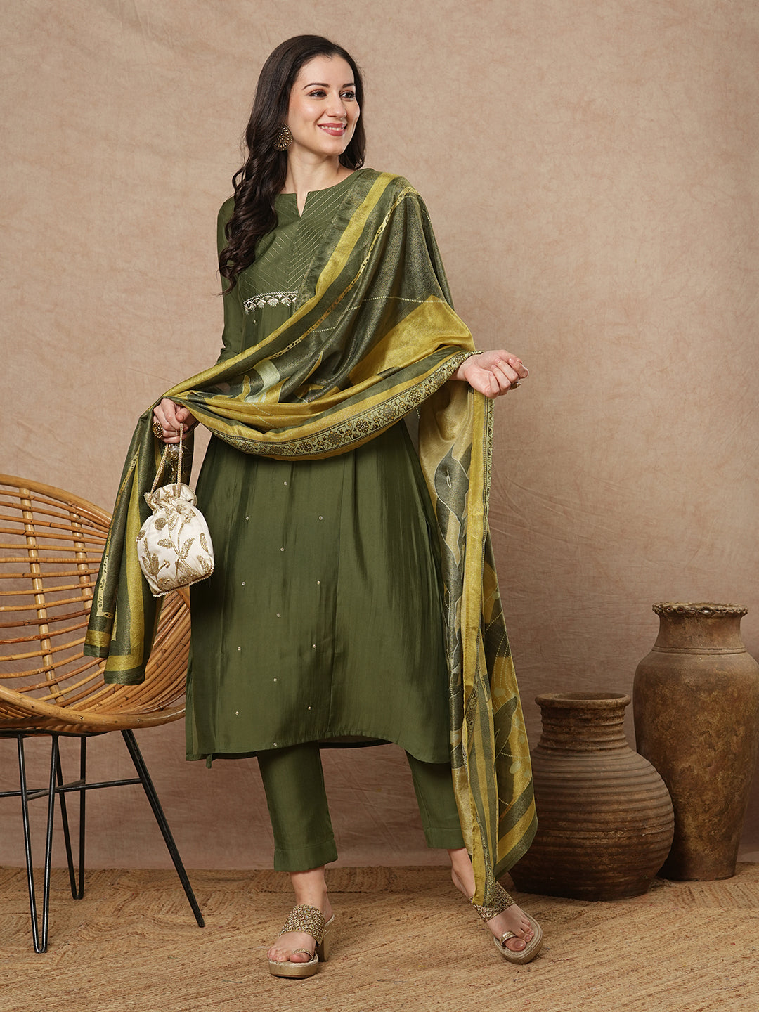 Party Edit- Embroidered A line kurta in silk blend fabric paired with printed silk blend dupatta and pants