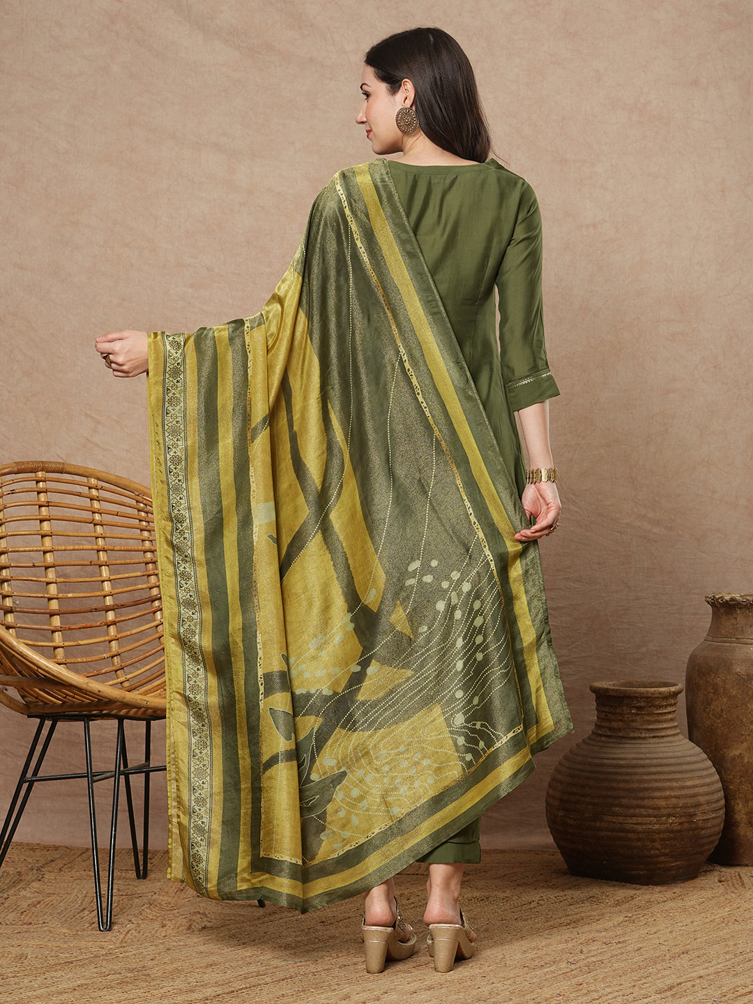 Party Edit- Embroidered A line kurta in silk blend fabric paired with printed silk blend dupatta and pants