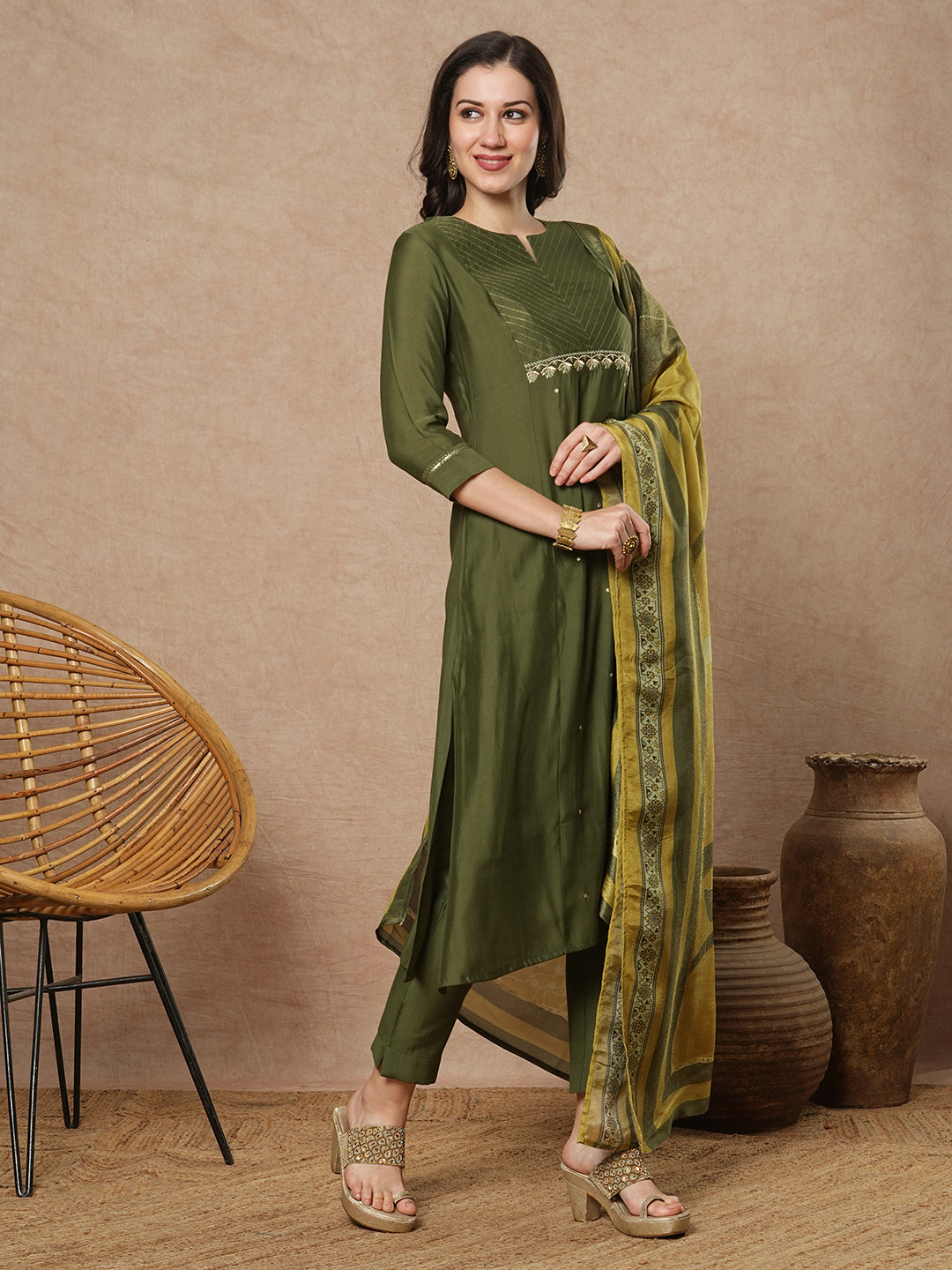 Party Edit- Embroidered A line kurta in silk blend fabric paired with printed silk blend dupatta and pants