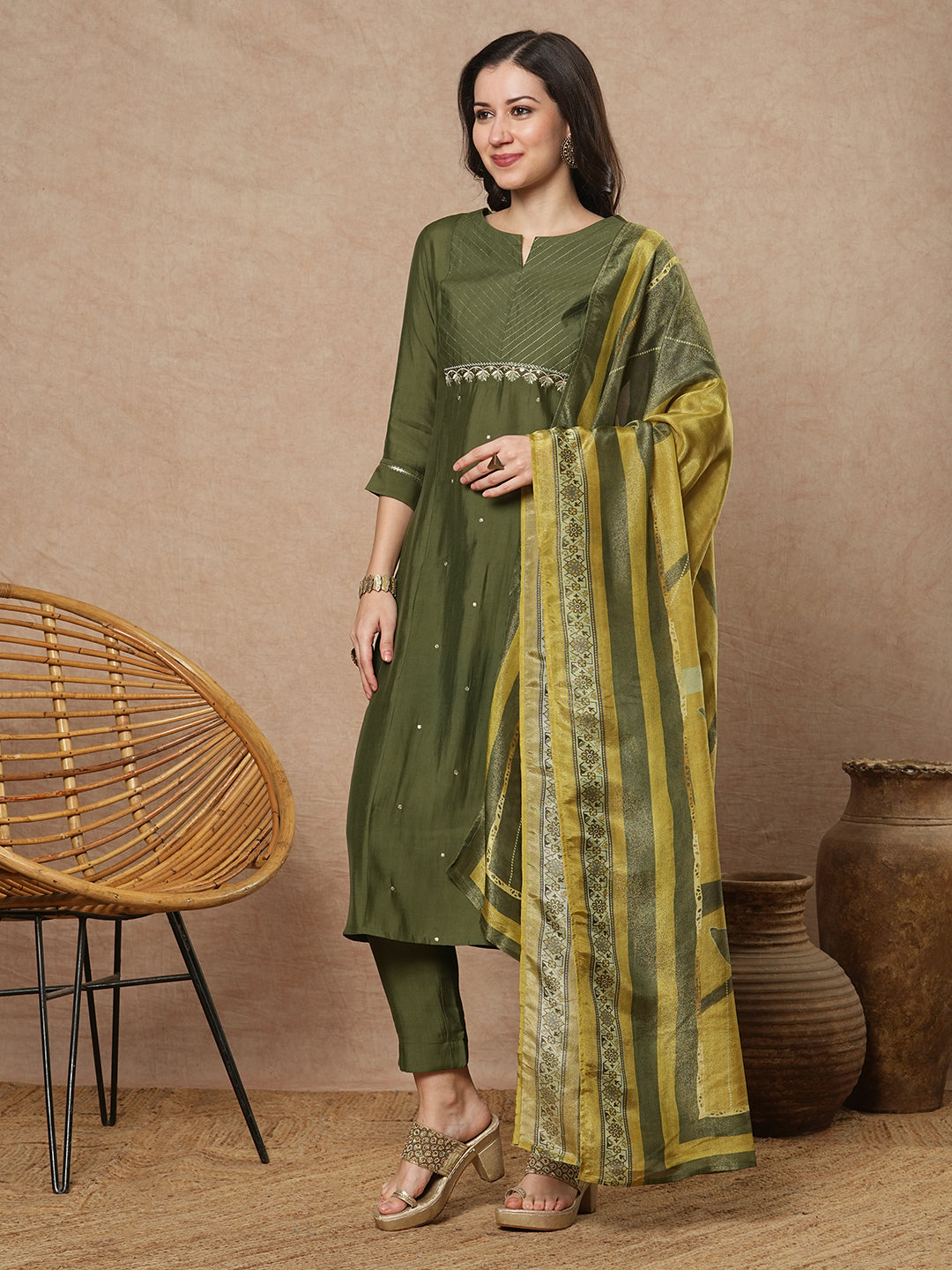 Party Edit- Embroidered A line kurta in silk blend fabric paired with printed silk blend dupatta and pants