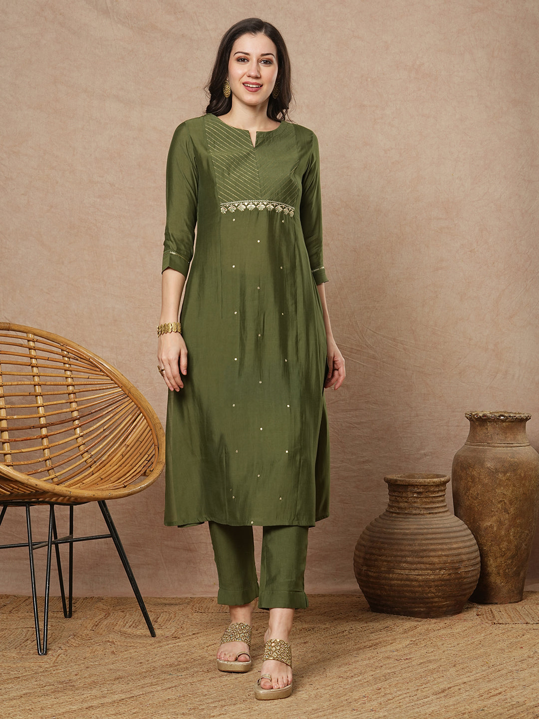 Party Edit- Embroidered A line kurta in silk blend fabric paired with printed silk blend dupatta and pants