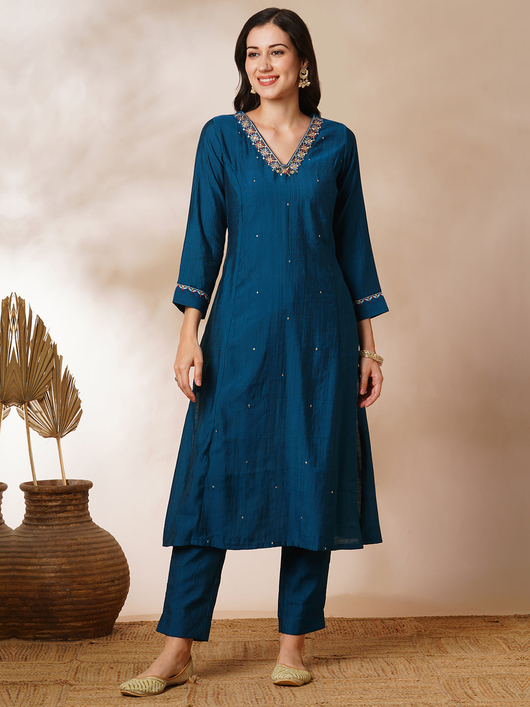Party Edit- A-line silk blend kurta with zari embroidery detailing paired with printed dupatta and lined silk blend pants