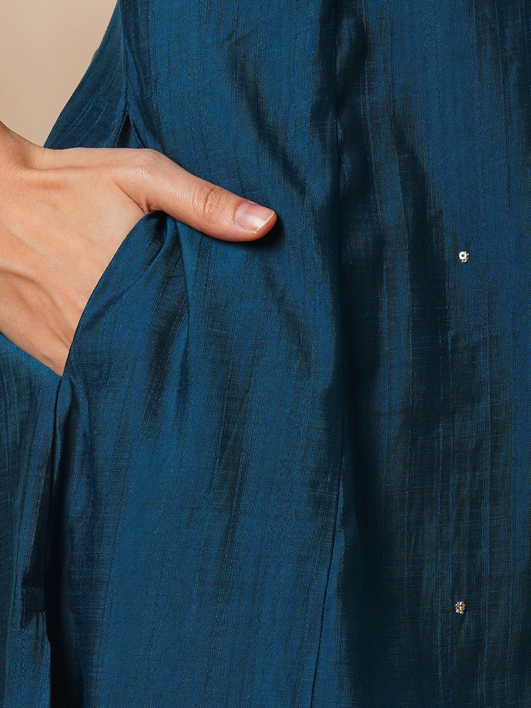 Party Edit- A-line silk blend kurta with zari embroidery detailing paired with printed dupatta and lined silk blend pants