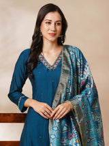 Party Edit- A-line silk blend kurta with zari embroidery detailing paired with printed dupatta and lined silk blend pants