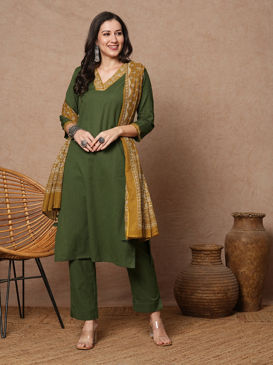 Green A-line kurta set with Embroidered V-neck with black printed dupatta and pant