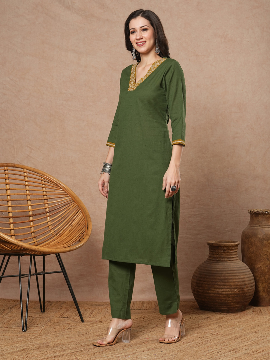 Green A-line kurta set with Embroidered V-neck with black printed dupatta and pant