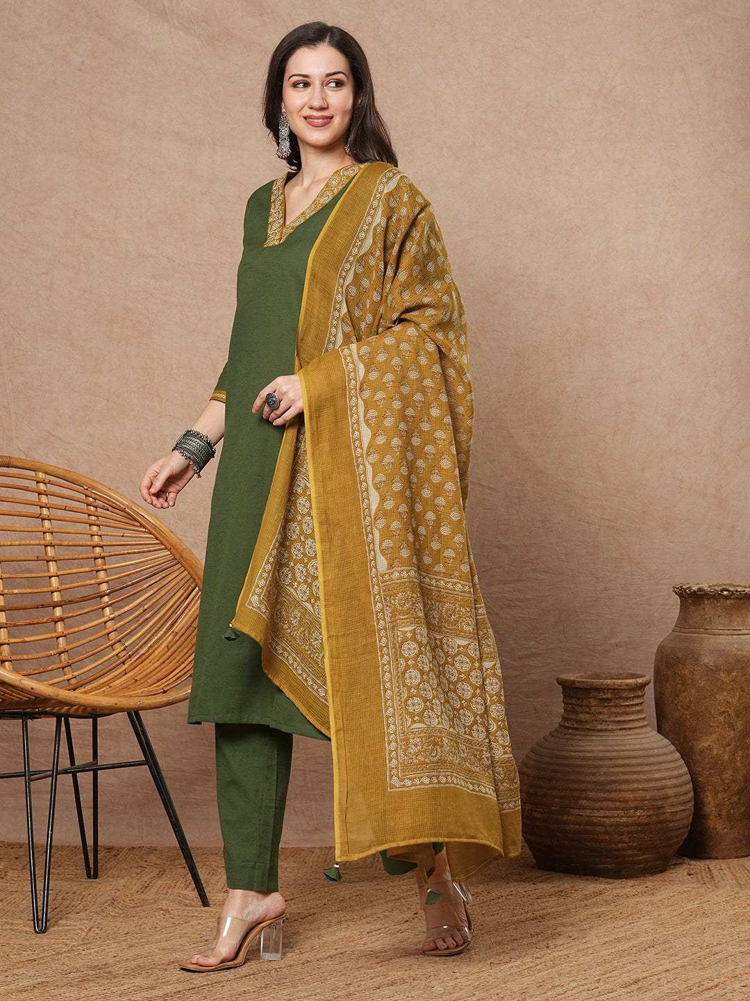 Green A-line kurta set with Embroidered V-neck with black printed dupatta and pant