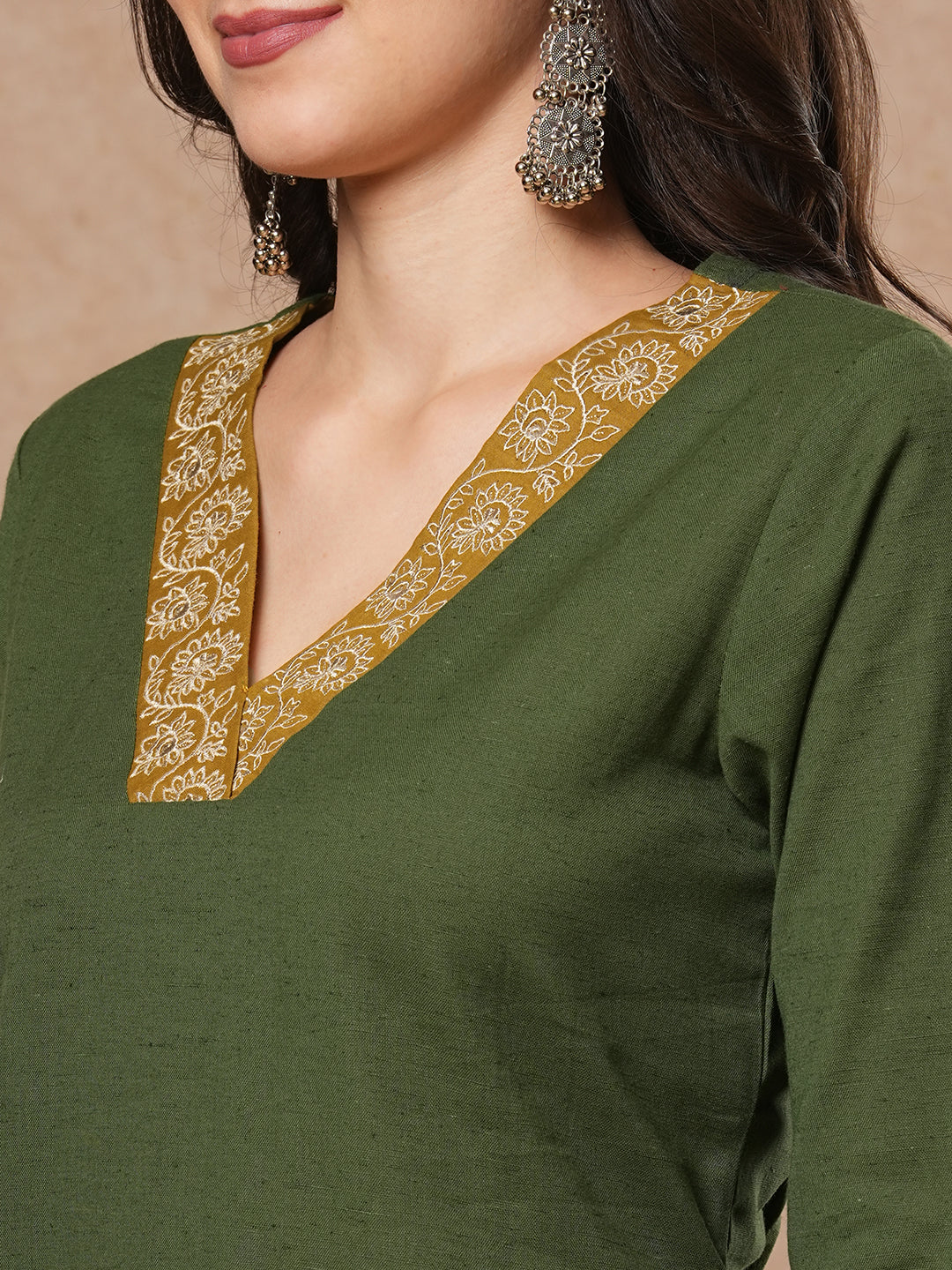 Green A-line kurta set with Embroidered V-neck with black printed dupatta and pant