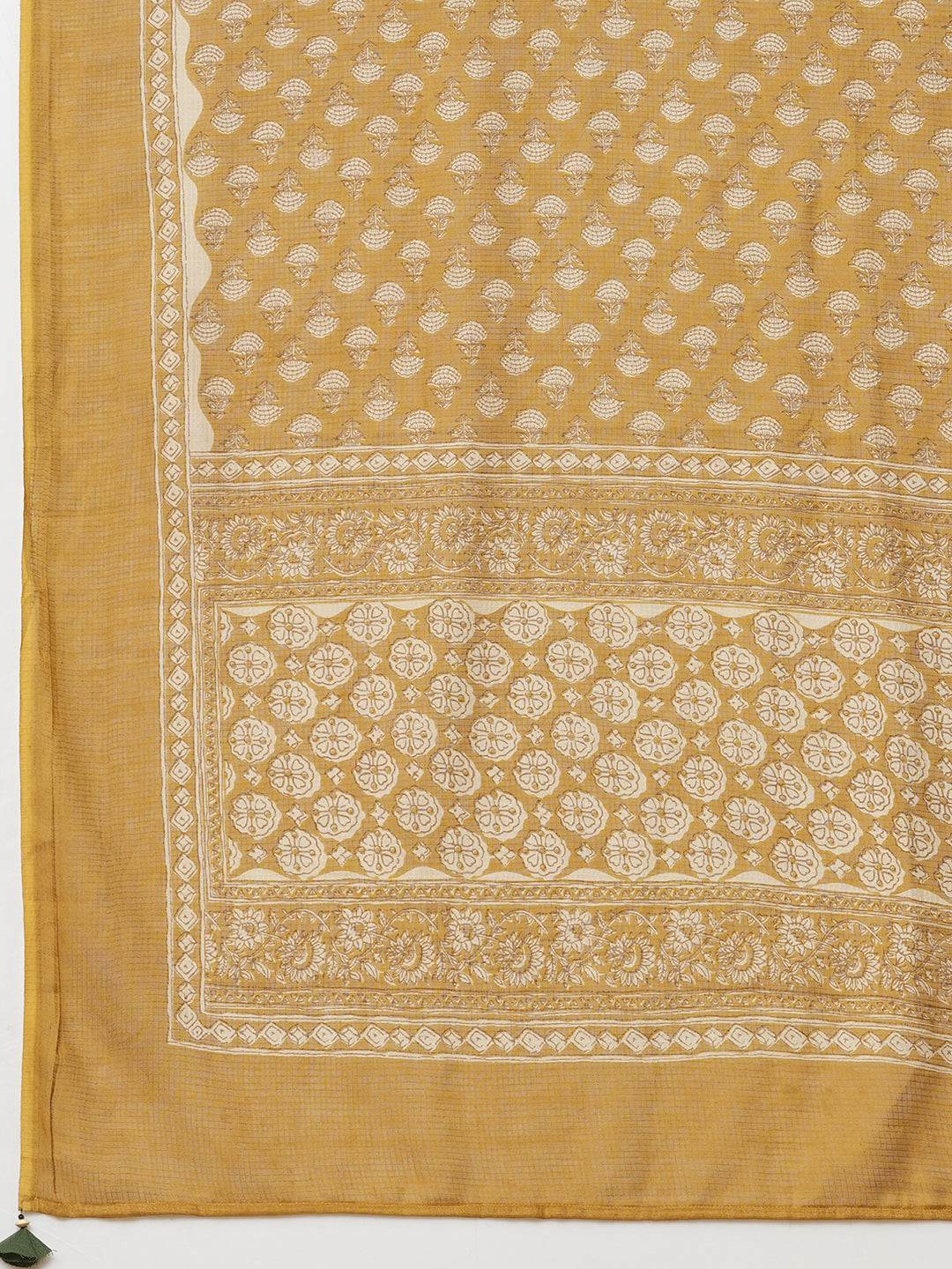 Green A-line kurta set with Embroidered V-neck with black printed dupatta and pant