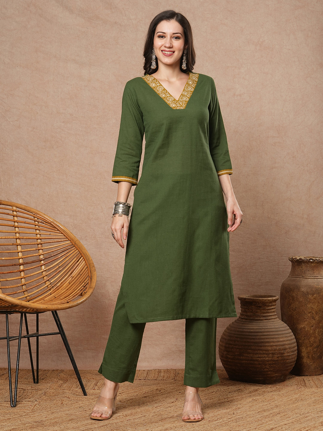Green A-line kurta set with Embroidered V-neck with black printed dupatta and pant