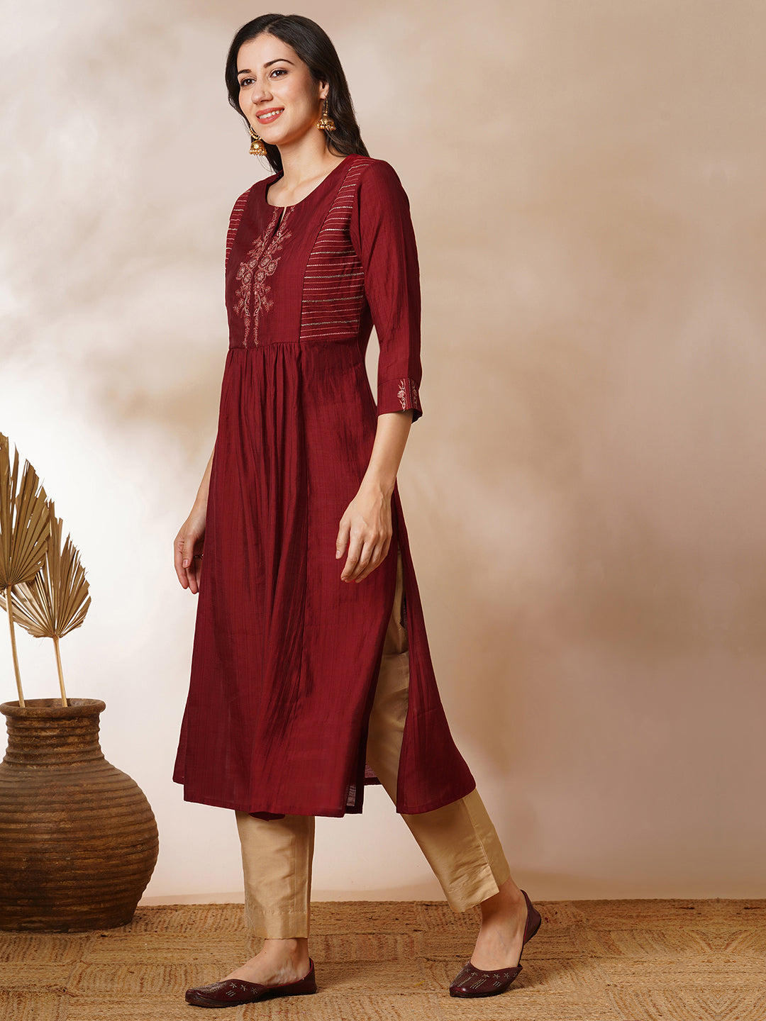 Party Edit- A-line gathered silk blend kurta with zari embroidery and a side pocket